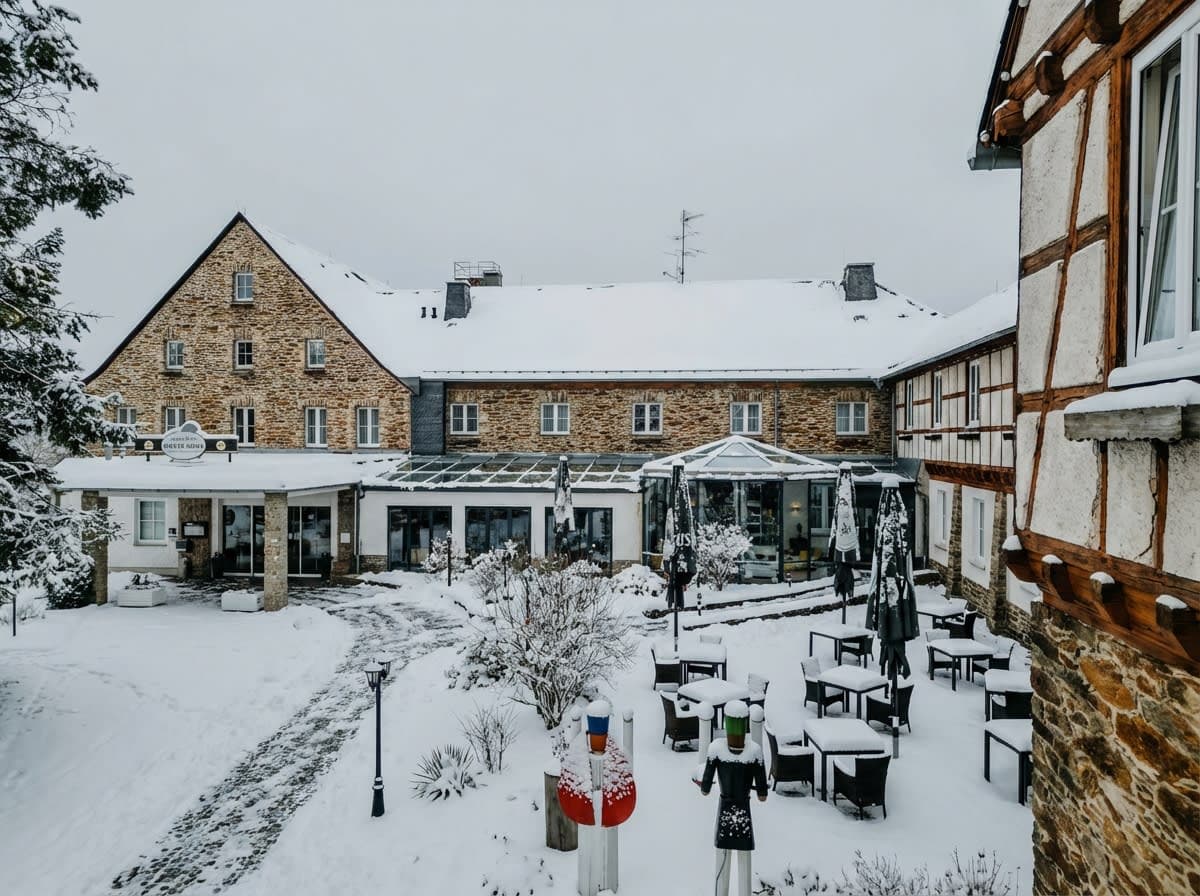 Verschneiter Innenhof des Hotels im Winter