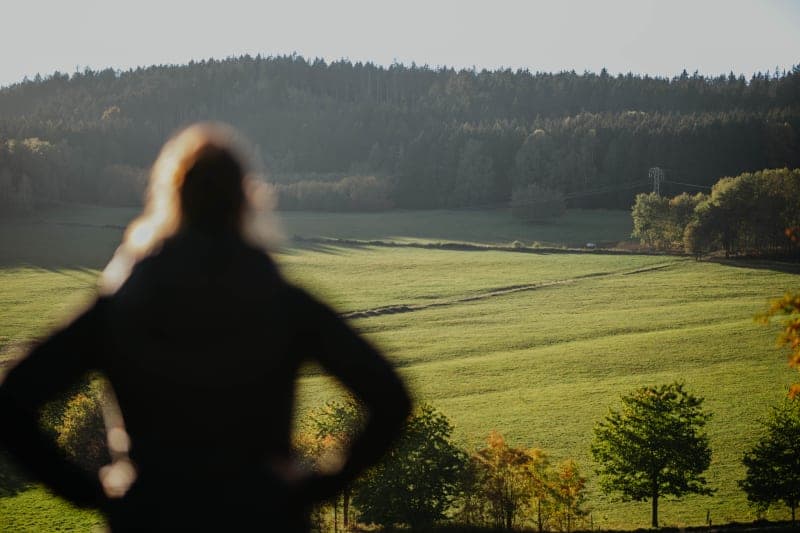 Silhouette d'une personne contemplant les prairies vertes et les collines boisées de la Rhön dans la lumière du soir