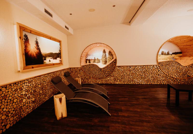 Sala de descanso en el spa con decoración mural de rodajas de madera, tumbonas de relax y vistas al paisaje invernal
